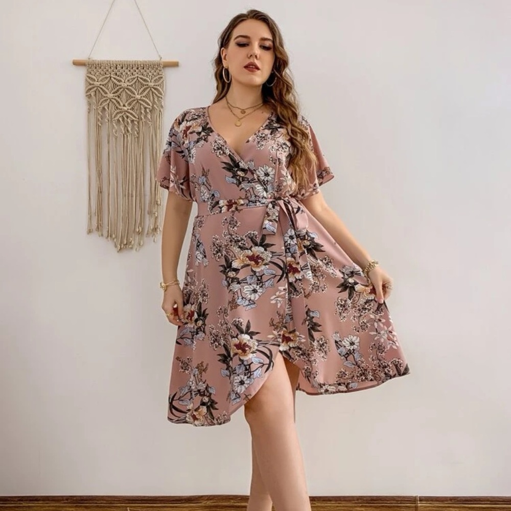 Shein Plus Pink Floral Print Wrap Dress